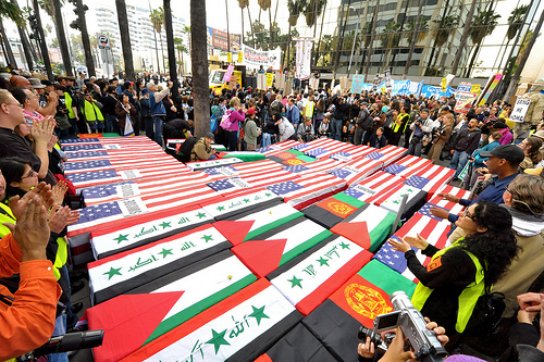 Draped coffins at anti-war demonstration